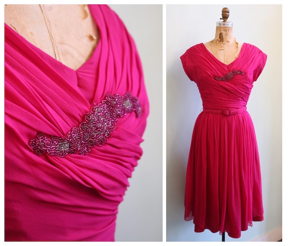Vintage 1950's Magenta Pink Chiffon Party Dress |