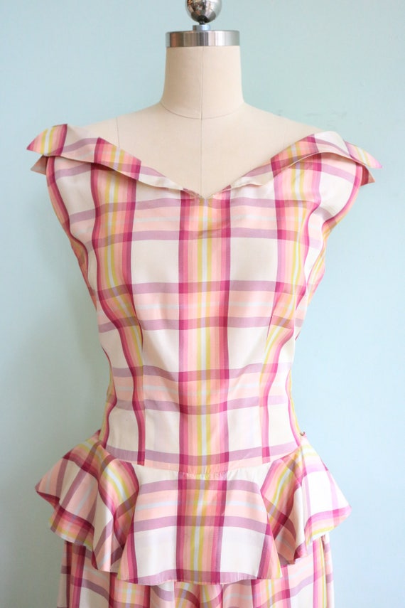 Vintage 1930s Pink Plaid Peplum Gown | Size Small - image 2