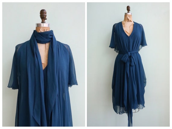 Vintage 1970's Ocean Blue Chiffon Dress | Size XS/