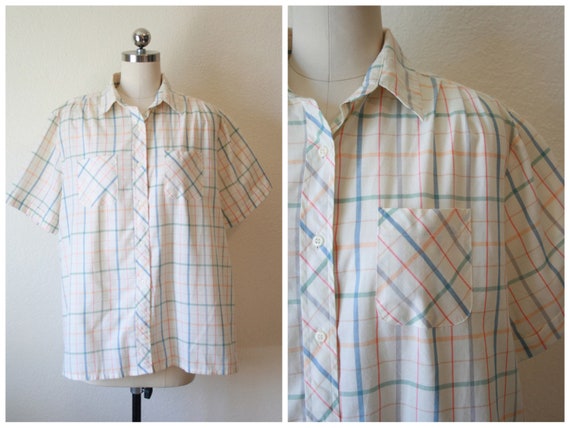 Vintage 1980's Pale Plaid Blouse | Size Large - image 1