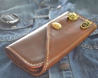 Handmade Genuine Leather Biker Men's Long Wallet Black with Braided leather brass