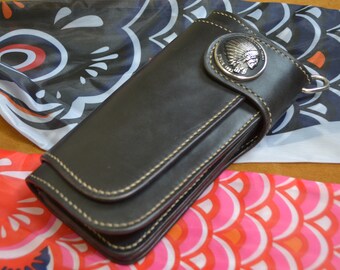 Handmade Vegetable Tanned Leather Long Wallet, Rocker Biker Style
