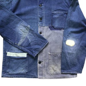 Vintage Indigo Patchwork Arbetsjacka – Fransk Chore Coat-stil – Blå Denim Utility Jacka – Unisex