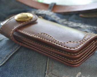 Handmade Brown Leather Biker Wallet, Braided Long Wallet