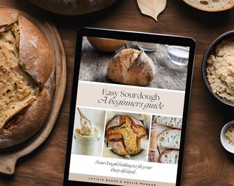 May include: A digital tablet displaying a book cover for "Easy Sourdough: A Beginners Guide". The cover features a white background with a brown title and a collage of sourdough bread images.