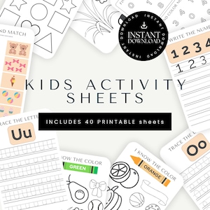May include: A set of printable kids activity sheets, featuring a variety of educational activities, including tracing letters, matching shapes, and colouring. The text "KIDS ACTIVITY SHEETS" is displayed in large, bold letters, and the text "INCLUDES 40 PRINTABLE SHEETS" is displayed below.