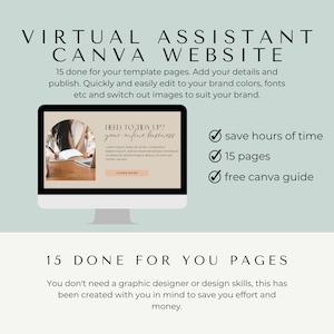 Könnte beinhalten: Ein Computerbildschirm-Mockup, das ein Website-Design für ein virtuelles Assistentenunternehmen zeigt. Das Website-Design ist beige mit einem braunen Kreis im Hintergrund. Der Text auf dem Bildschirm lautet "HEED TO TIDY UP? Your online business". Der Text "LEARN MORE" befindet sich auf einem Button. Der Text "save hours of time", "15 pages", und "free Canva guide" sind unterhalb des Computerbildschirm-Mockups aufgelistet. Der Text "15 DONE FOR YOU PAGES" ist in großer Schrift am unteren Rand des Bildes. Der Text darunter lautet "Sie brauchen keinen Grafikdesigner oder Designkenntnisse, dies wurde mit Ihnen im Hinterkopf erstellt, um Ihnen Zeit und Geld zu sparen."
