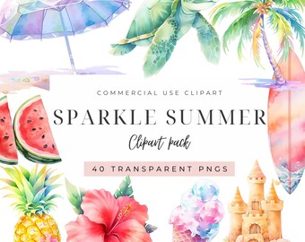 Zestaw letnich clipartów akwarelowych: Wzory plażowe i wyspiarskie (do pobrania w wersji cyfrowej)