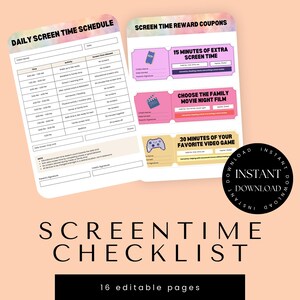 Puede incluir: Una lista de verificación de tiempo de pantalla imprimible con 16 páginas editables. La lista de verificación incluye un horario diario de tiempo de pantalla y cupones de recompensa de tiempo de pantalla. Los cupones ofrecen recompensas por completar tareas o ayudar en la casa. Los cupones incluyen recompensas como tiempo de pantalla adicional, elegir la película de la noche de cine familiar y 30 minutos de un videojuego favorito.