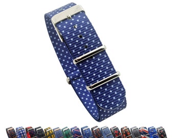 HNS Double Graphic Printed White Dots Navy BG Heavy Duty Ballistic Nylon Watch Strap With Polished Stainless Steel Buckle NT050