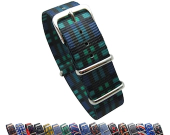 HNS Unique Double Graphique Imprimé Vert Mélange Noir Et Bleu Grilles Robuste Balistique Nylon Bracelet de Montre Avec Boucle En Acier Inoxydable Poli