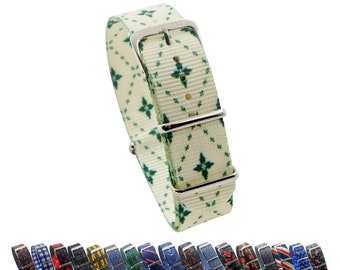 HNS 20mm Unique Doble Gráfico Impreso Hoja Verde Balística Correa de reloj de nylon con hebilla pulida NT181
