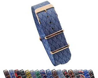 HNS  Double Graphic Printed Indigo Sashiko Waves Blue BG Heavy Duty Ballistic Nylon Watch Strap Rose Gold Buckle NT128