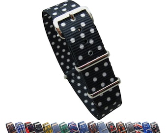 HNS Doble Único Gráfico Impreso Puntos Blancos Correa de Reloj de Nylon con Hebilla de Acero Inoxidable Pulido NT170