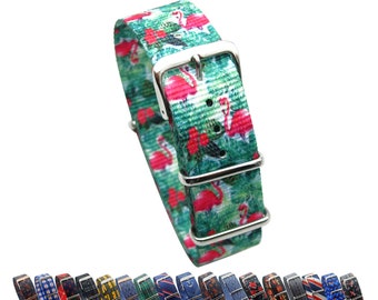 HNS Unique Doble Gráfico Impreso Flamingo Verde Balística Correa de reloj de nylon con hebilla de acero inoxidable pulido NT210