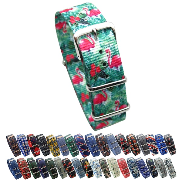 HNS Unique Double Graphic Printed Flamingo Green Ballistic Nylon Watch Strap With Polished Stainless Steel Buckle NT210