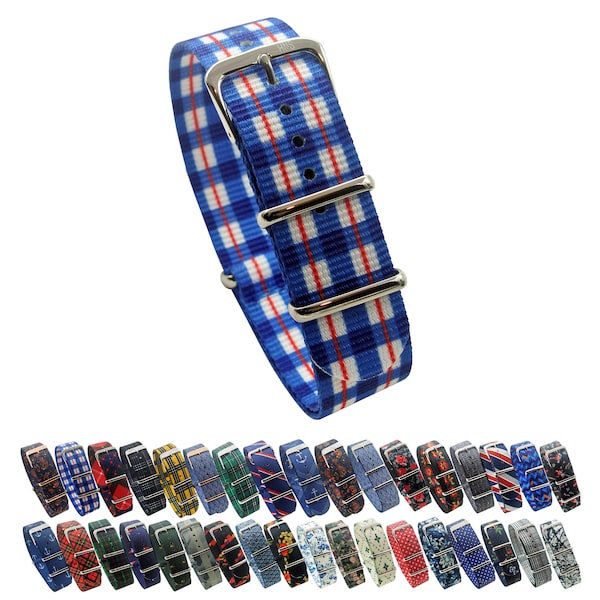 HNS 20mm Unique Double Graphic Printed Blue Girds Nylon Watch Strap Polished Buckle NT200