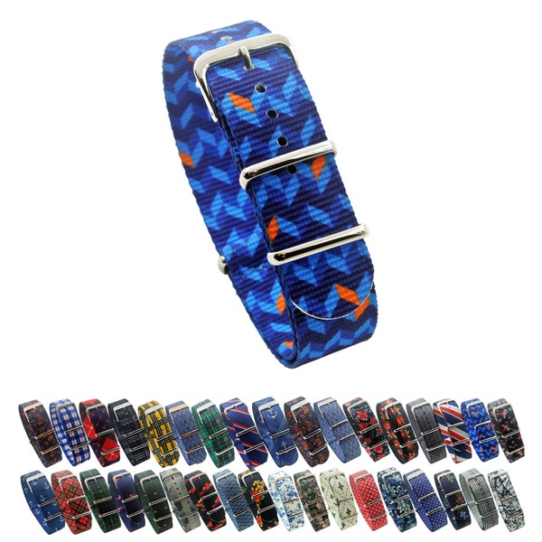 HNS Unique Double Graphic Printed Bricks Blue BG Ballistic Nylon Watch Strap With Polished Buckle NT182