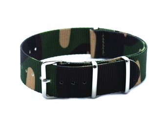 HNS 20mm Camouflage Woodland Heavy Duty Ballistic Nylon Cinturino orologio con fibbia in acciaio inossidabile lucido NT105