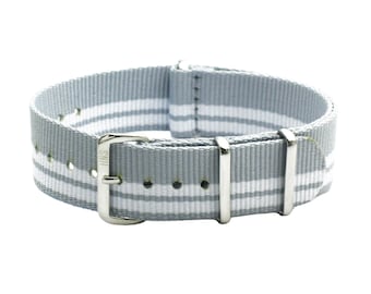 Correa de reloj de nylon balístico de alta resistencia de rayas grises HNS de 20 mm con hebilla de acero inoxidable pulido NT192