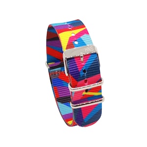 May include: A colorful watch strap with a geometric pattern in shades of red, blue, yellow, and purple. The strap has a silver buckle with the text "HNS" engraved on it.