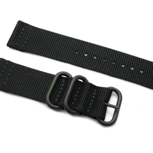 HNS 2 Pieces Black Heavy Duty Ballistic Nylon Watch Strap With 3 PVD Coated Stainless Steel Rings ZU045