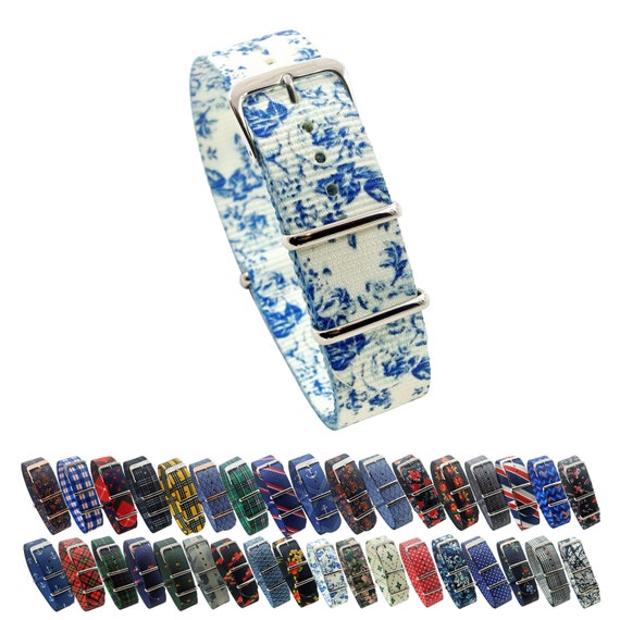 HNS Unique Double Graphic Printed Blue Flowers White BG Ballistic Nylon Watch Strap With Polished Buckle NT185 Etsy Ireland