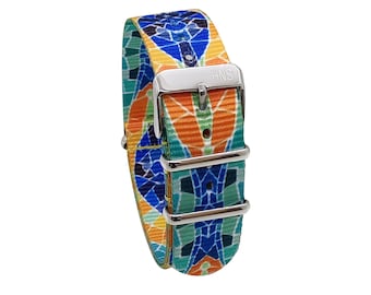 HNS Unique Double Graphic Printed Mosaic Heavy Duty Ballistic Nylon Watch Strap With Polished Buckle NT247