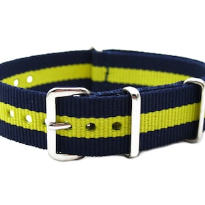 May include: A navy blue and yellow striped watch strap with silver buckle and keepers.