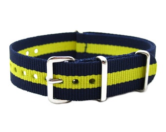 HNS 18mm Navy & Yellow Mod RAF Heavy Duty Ballistic Nylon Watch Strap Polished Buckle NT145