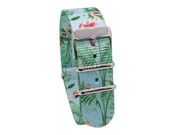 HNS Unique Double  Graphic Printed Flamingo Heavy Duty Ballistic Nylon Watch Strap With Polished Buckle NT249