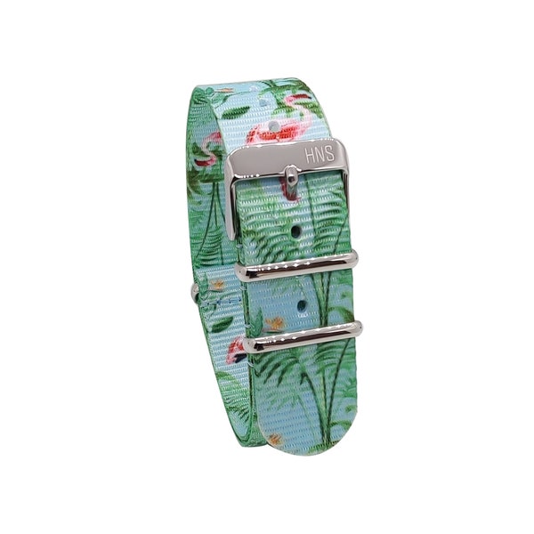 HNS Unique Double  Graphic Printed Flamingo Heavy Duty Ballistic Nylon Watch Strap With Polished Buckle NT249