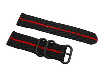 HNS 2 Pieces Black With Red Heavy Duty Ballistic Nylon Watch Strap With 3 PVD Rings ZU062