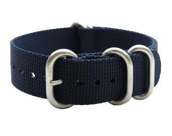 HNS Navy Blue Heavy Duty Ballistic Nylon Watch Strap With 5 Matte Stainless Steel Rings ZU073
