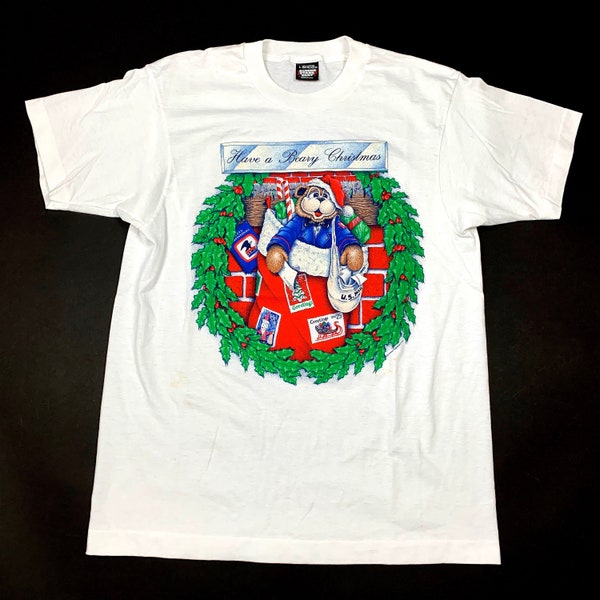 Vtg 90s Screen Stars Best Retro Bear Christmas Graphic Single Stitch T-Shirt Large Made in USA