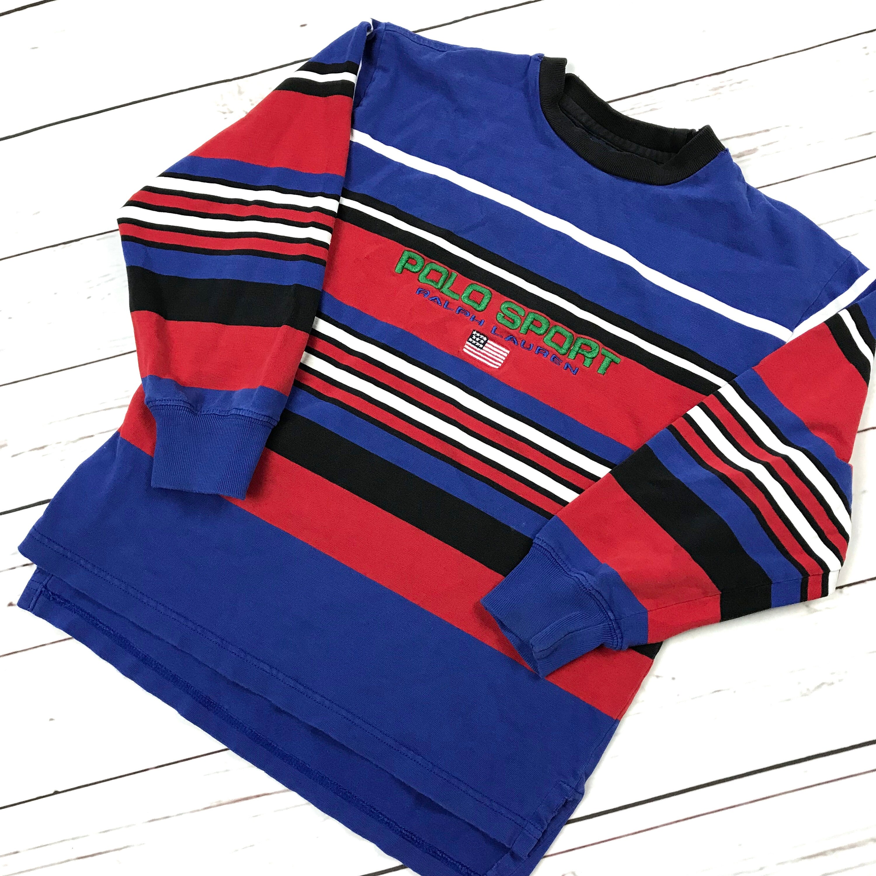 Vtg 90s POLO SPORT Ralph Lauren Retro Striped Long Sleeve Shirt BOYS Youth  Small
