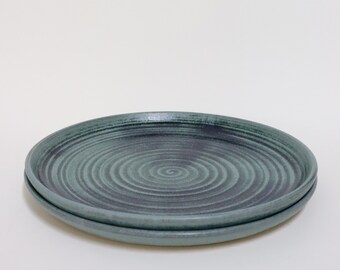 2 Dinner plates - 25/26cm - Handmade ceramic tableware - Pair of plates - Blue green teal with spiral - wheel thrown pottery