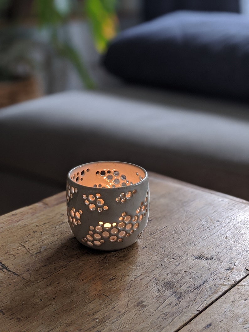 White candle holder Handmade Ceramic candle holder White tea light with holes pottery image 4