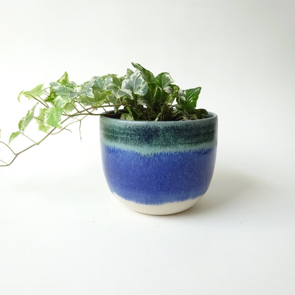 Plant Pot  - Blue Green and white Vase - Handmade Ceramic pot - Succulent, small/medium plants - Pottery