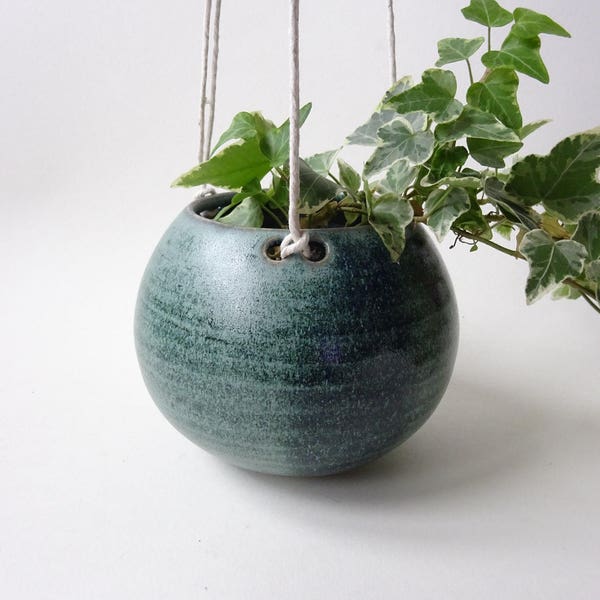 Hanging Planter - Hanging Vase for succulent plants, cacti, and small plants - Blue Green Handmade Ceramic hanging planter
