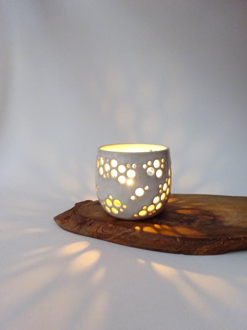 White candle holder Handmade Ceramic candle holder White tea light with holes pottery image 2