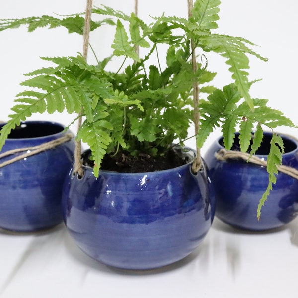 Set of 3 small Hanging Planters - Small, cacti, succulent indoor plants - Hanging Vase - Blue Handmade Ceramic hanging pot - Pottery