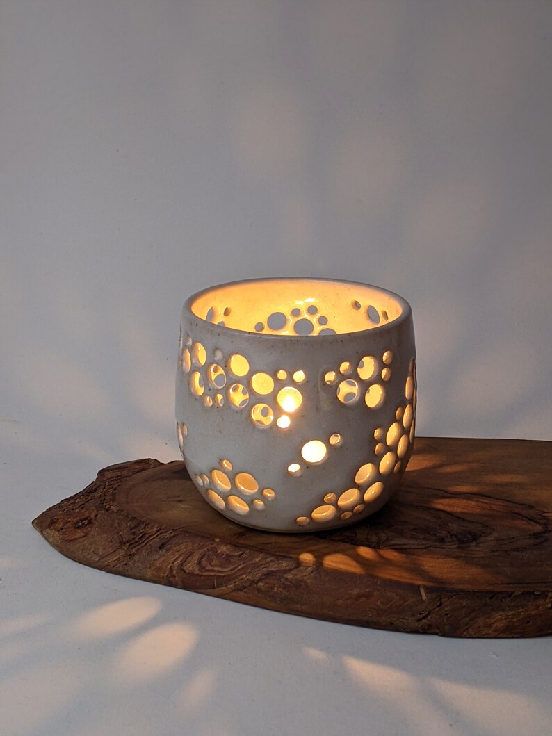 White candle holder Handmade Ceramic candle holder White tea light with holes pottery image 6