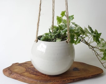 Hanging Planter - MADE TO ORDER - Small White Handmade Ceramic hanging pot - succulent and small/medium plants - pottery - indoor vase