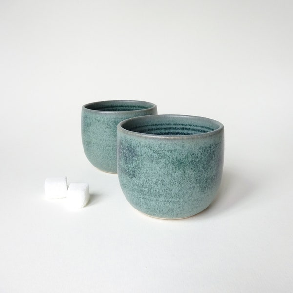 Set of 2 small cups - light blue green - Handmade pottery - Ceramic Espresso coffee & tea little mugs - Rustic Japanese style with no handle