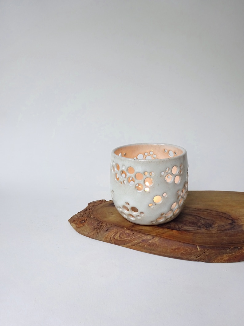 White candle holder Handmade Ceramic candle holder White tea light with holes pottery image 3