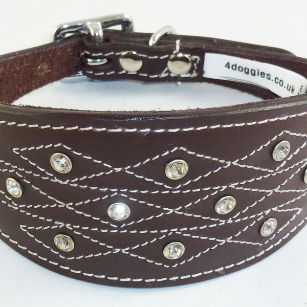 Brown Diamante Stud and Stich Design Leather Collar For Whippet Greyhound Lurcher