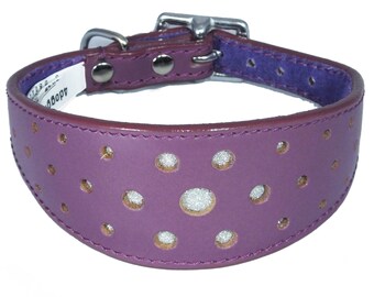 Purple Circle Glitter Design Leather Whippet Collar Greyhound Collar Sight hound Dogs Collar