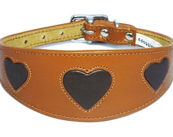 Tan Leather Whippet Collar Greyhound Collar With Brown Heart  Design Sighthound Dogs