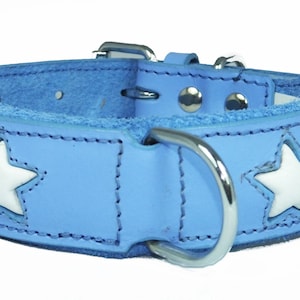 May include: A light blue leather dog collar with white star cutouts. The collar has a silver buckle and a silver D-ring.
